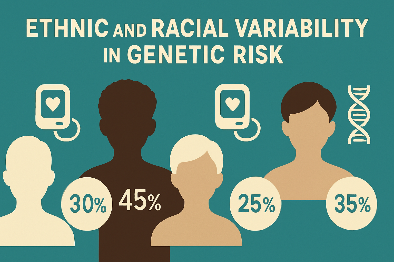 Infographic comparing genetic risk of hypertension among ethnic groups using silhouettes and DNA icons, exploring is hypertension hereditary