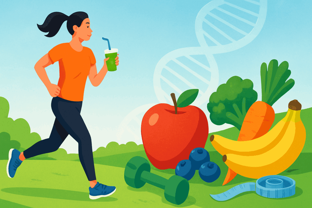 Person jogging with a smoothie surrounded by fruits, vegetables, and fitness gear, symbolizing lifestyle choices influencing health and addressing the question: is hypertension hereditary.