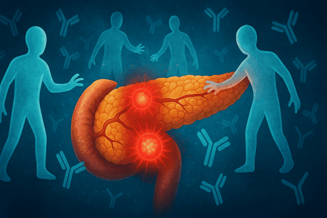 Stylized digital illustration of the autoimmune response in Type 1 Diabetes showing immune cells attacking pancreatic beta cells with glowing red inflammation signals.