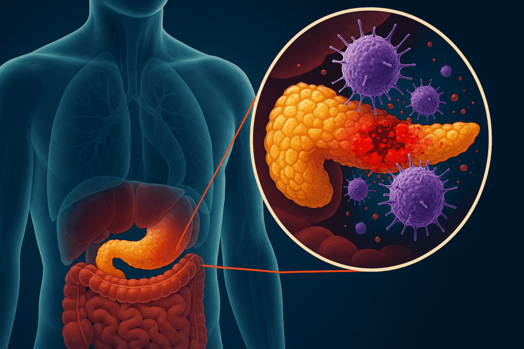 Anatomical illustration of the human torso highlighting the pancreas with immune cells attacking beta cells, representing the autoimmune process in Type 1 Diabetes