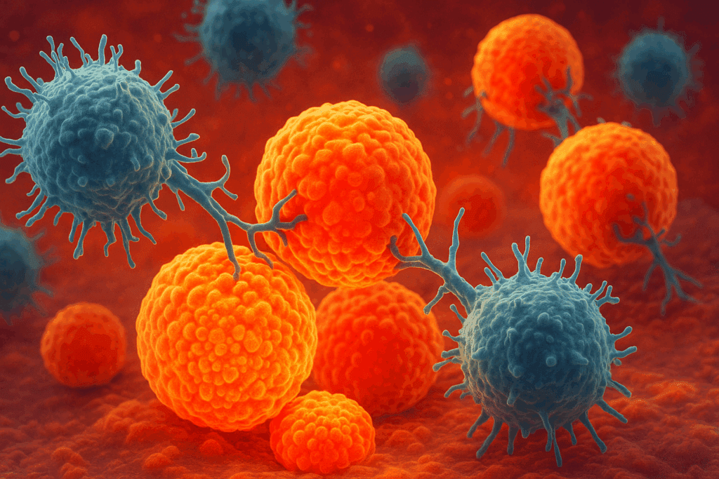 T-cells attacking insulin-producing beta cells in the pancreas, illustrating the autoimmune response in Type 1 Diabetes.