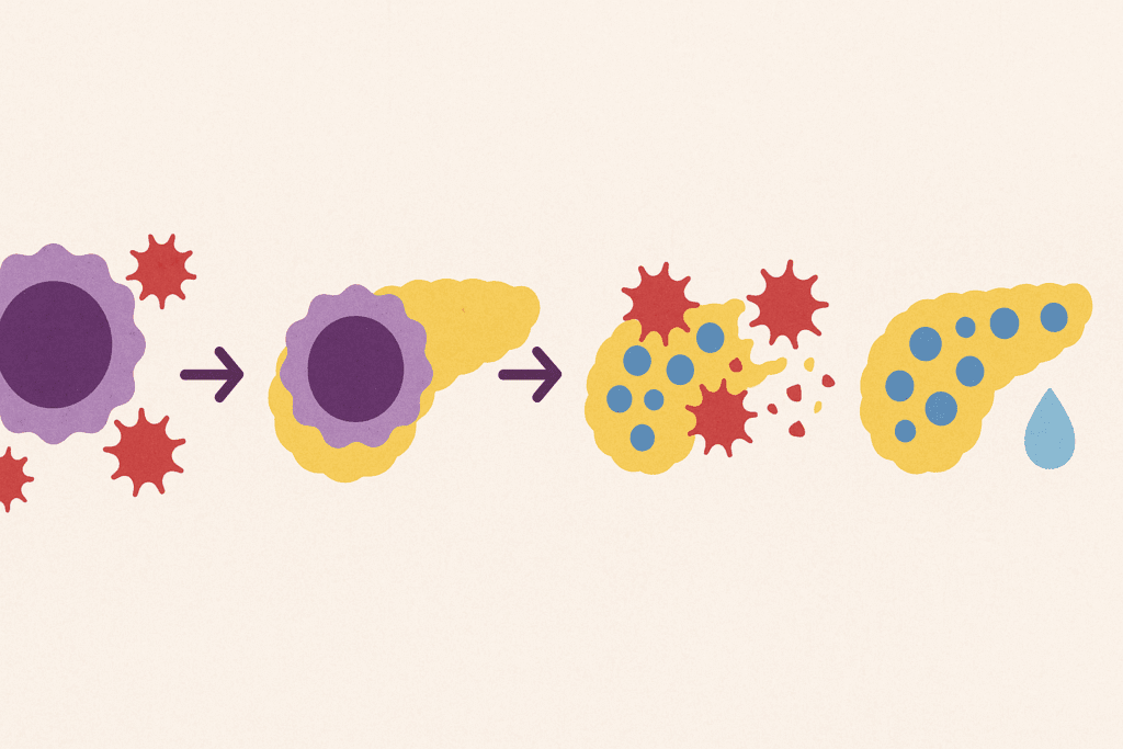 Infographic-style medical illustration showing immune cells attacking pancreatic beta cells, depicting the autoimmune cascade in Type 1 Diabetes