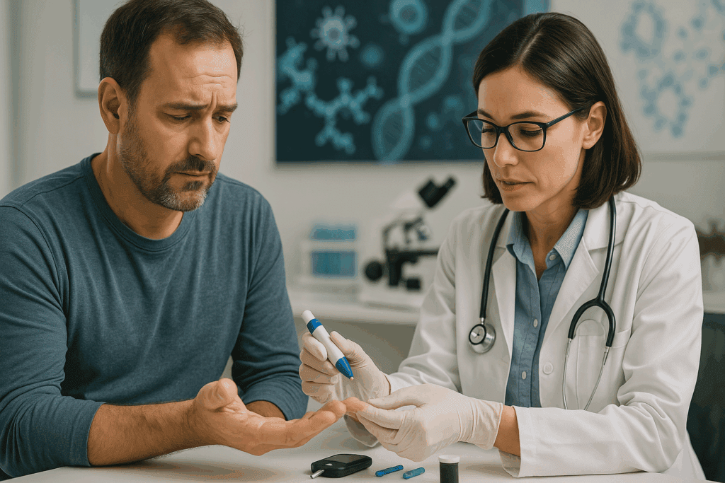 Doctor performing a finger-prick blood test on a middle-aged man during a Type 1 Diabetes diagnostic exam in a clinical setting