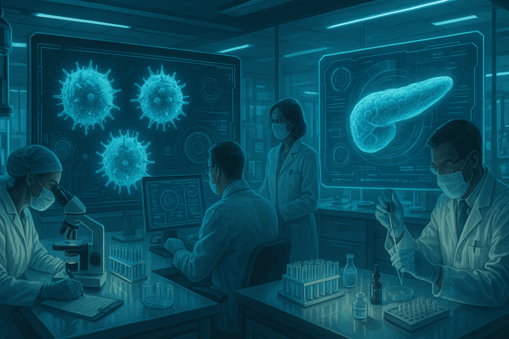 Scientists in a high-tech lab developing immunotherapy treatments for Type 1 Diabetes, with holographic pancreas and immune cells displayed on futuristic monitors.