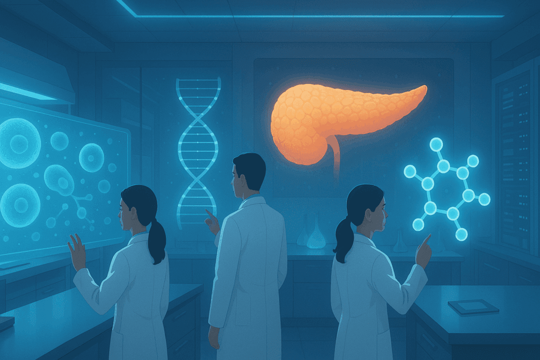 Scientists in a futuristic lab analyzing holographic DNA, cells, and a pancreas model in research for a Type 2 Diabetes Cure