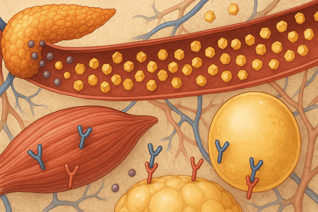 Biological diagram showing insulin resistance in muscle and fat cells, highlighting glucose buildup and impaired signaling related to Type 2 Diabetes Cure.