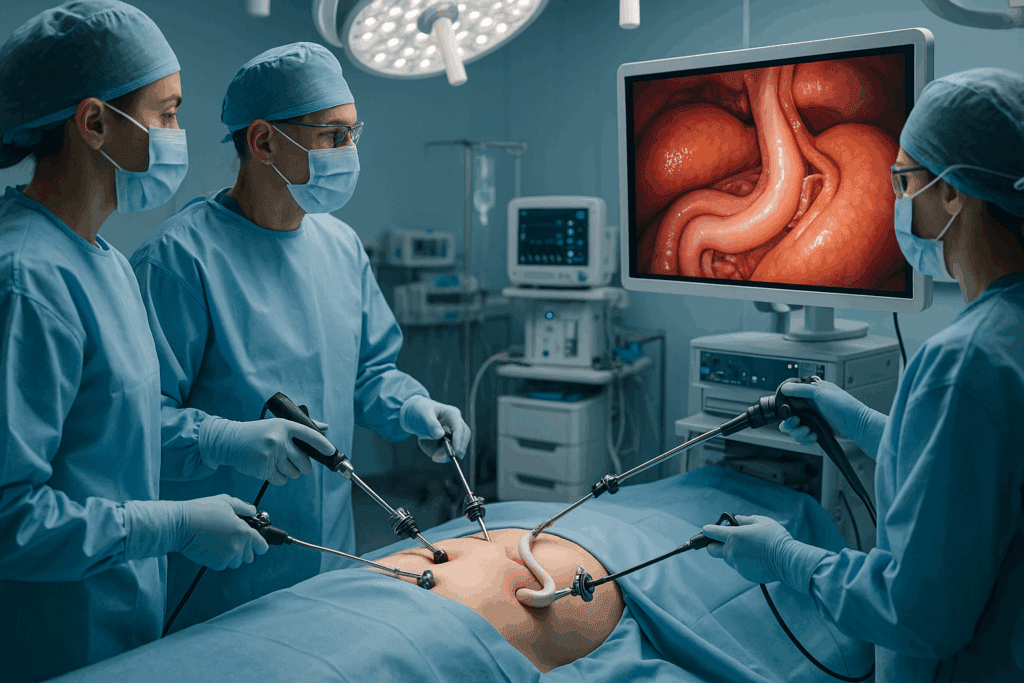 Surgeons performing laparoscopic gastric bypass in a modern operating room, a procedure explored as a potential Type 2 Diabetes cure.