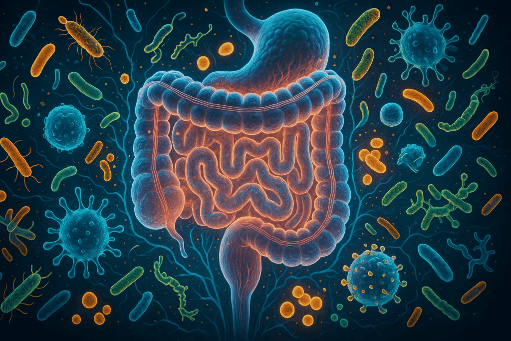 Digital visualization of the human gut microbiome interacting with immune cells and glucose, symbolizing microbiota’s role in metabolism and potential Type 2 Diabetes Cure