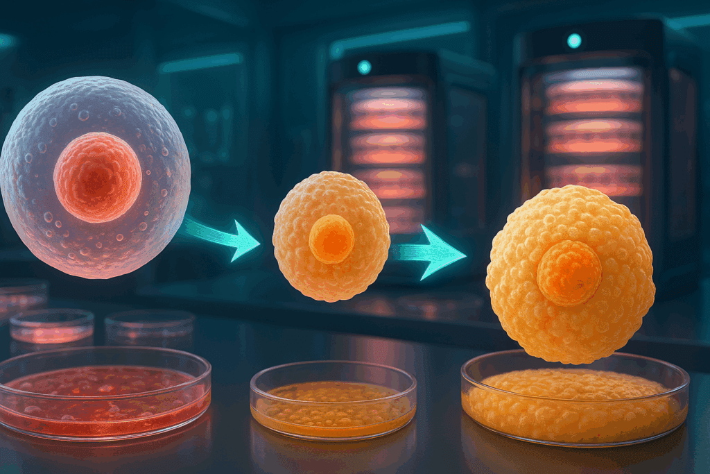 3D illustration of stem cells transforming into insulin-producing beta cells in a high-tech lab, symbolizing a breakthrough in Type 2 Diabetes Cure