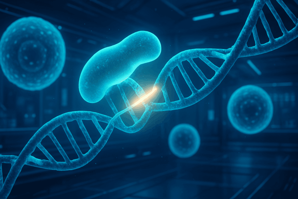 CRISPR enzyme editing a DNA strand inside a futuristic lab, symbolizing gene therapy research for a Type 2 Diabetes Cure