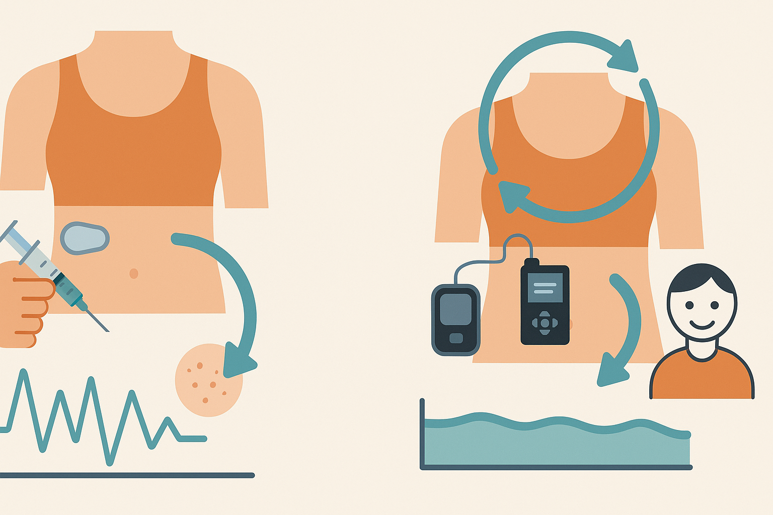 Visual comparison of traditional insulin therapy and artificial pancreas systems showing glucose monitors, insulin delivery, and improved quality of life, related to Type 2 Diabetes Cure
