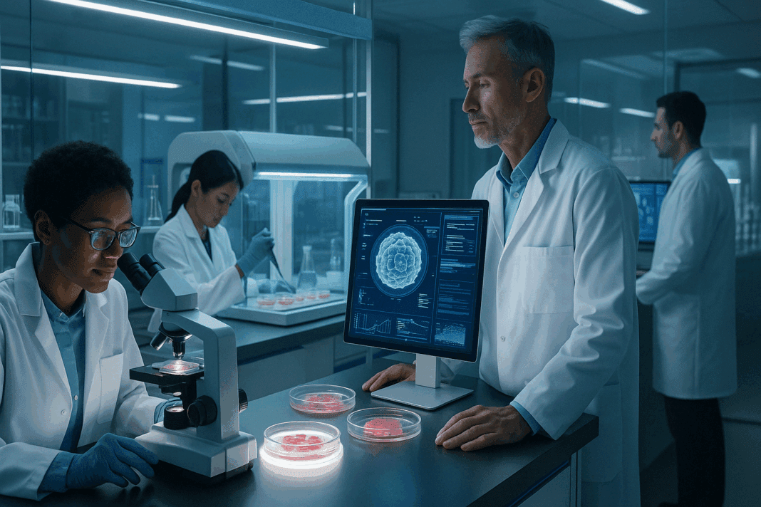 Scientists in a high-tech lab analyzing stem cells on digital monitors during Type One Diabetes clinical trials.