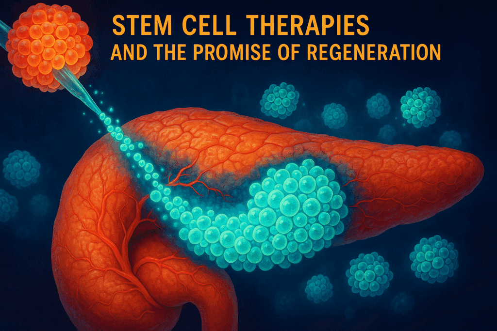 Stem cell-derived beta cells integrating into a human pancreas, visualizing regenerative medicine used in Type One Diabetes clinical trials