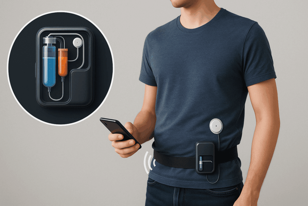 Young adult using a wearable artificial pancreas system connected to a smartphone, illustrating advanced tech in Type One Diabetes clinical trials.