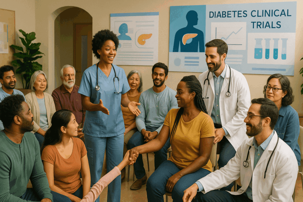 Community health outreach event showcasing diverse families and healthcare professionals discussing Type One Diabetes Clinical Trials in an educational setting at a community center.