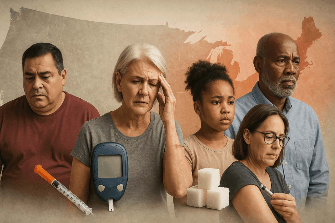 Visual representation of the prevalence of diabetes in the United States, showing diverse individuals with insulin syringes, glucose monitors, and sugar cubes over a faded U.S. map.