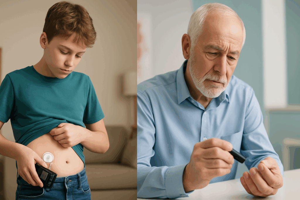 Split-screen showing the prevalence of diabetes in the United States, with a teen using an insulin pump at home and an older adult checking blood sugar in a clinic