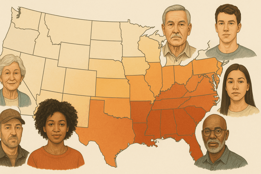 Map showing the prevalence of diabetes in the United States with diverse faces representing affected populations.
