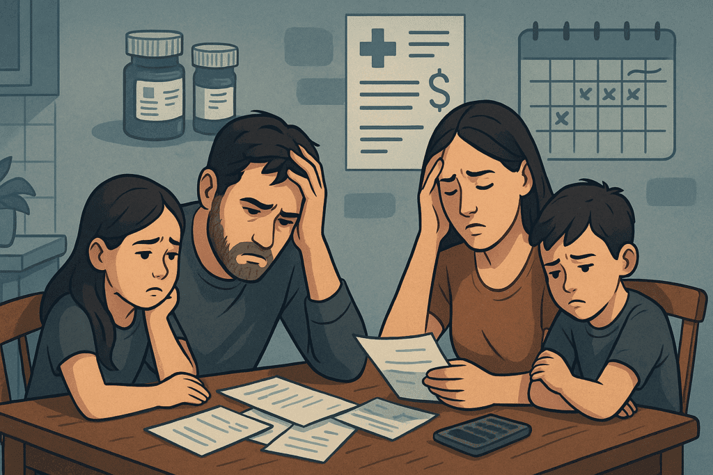 Stressed American family at kitchen table reviewing bills, symbolizing the financial burden tied to the prevalence of diabetes in the United States.