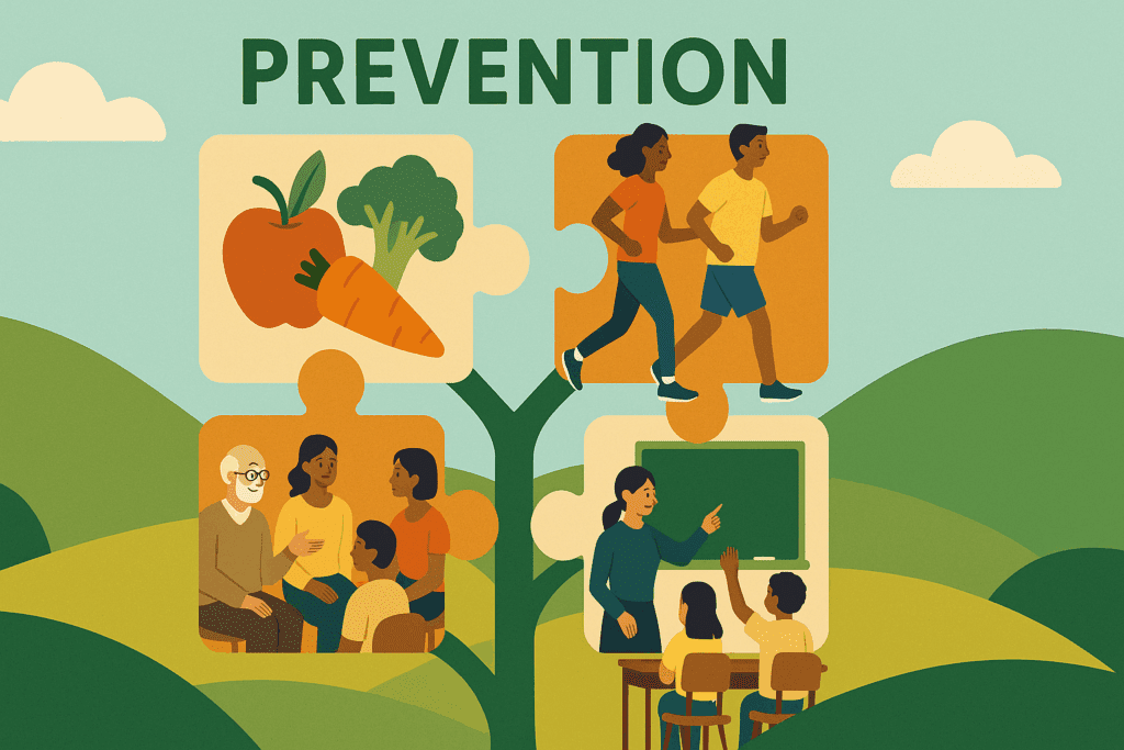 Holistic prevention infographic symbolizing strategies to reduce the prevalence of diabetes in the United States through diet, exercise, education, and community support.
