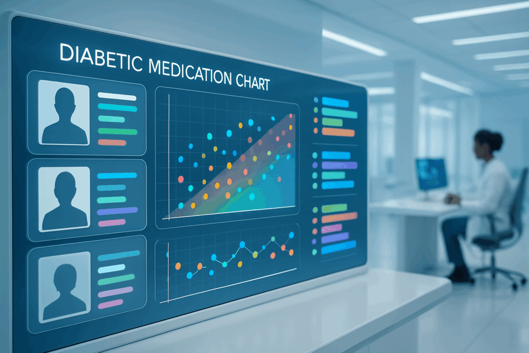 Futuristic digital interface displaying a diabetic medication chart with patient profiles and glucose monitoring graphs in a high-tech medical lab.