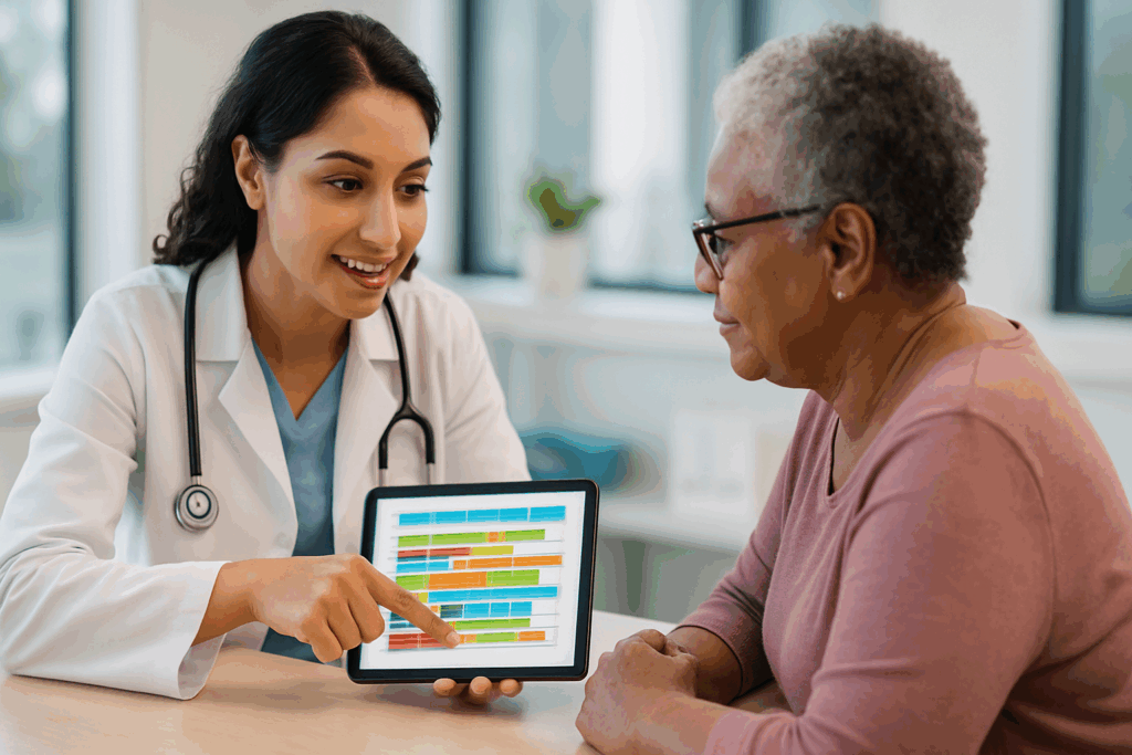 Healthcare professional showing a diabetic medication chart on a tablet to a patient in a modern clinic, fostering an empowering and collaborative consultation.