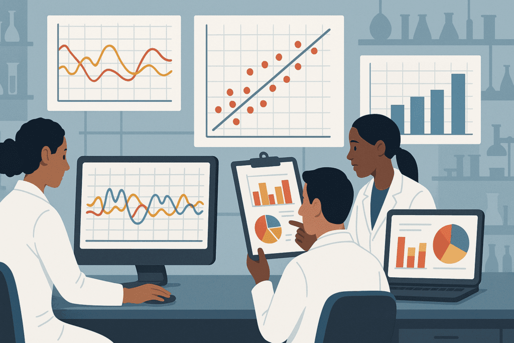 Researchers in lab coats analyzing a diabetic medication chart on computer screens and clipboards in a clinical trial lab setting.