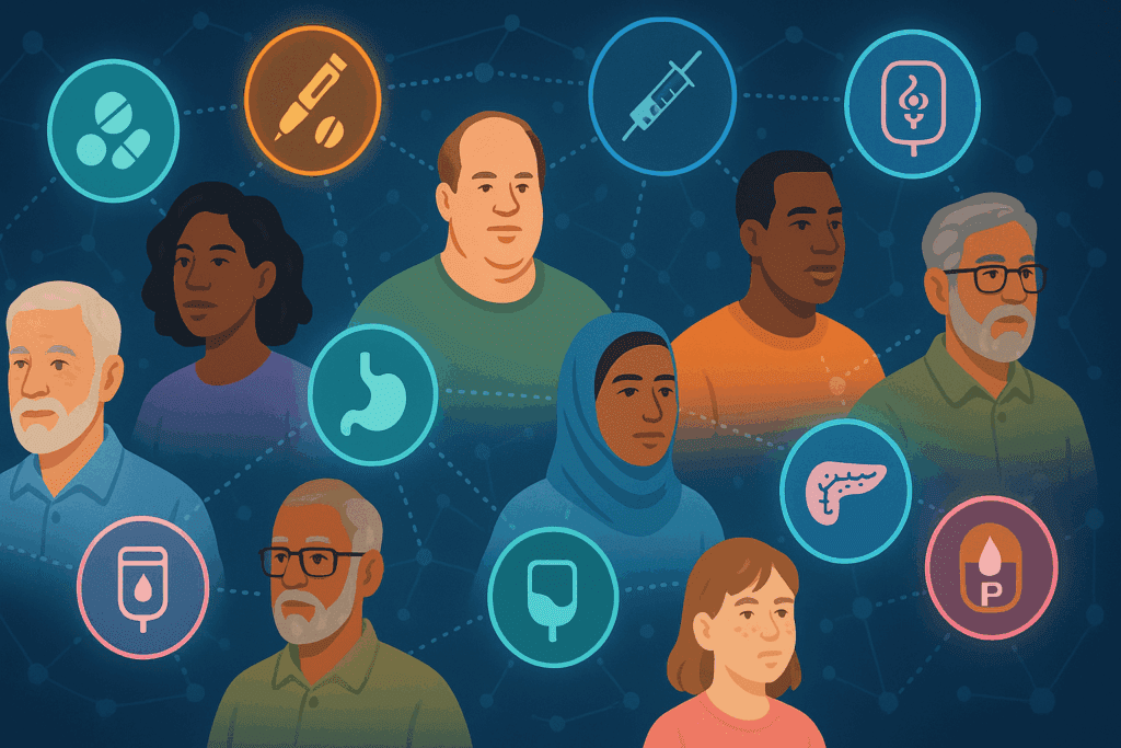 Diverse group of patients of different ages and ethnicities connected to a diabetic medication chart visualizing treatment pathways and drug options.