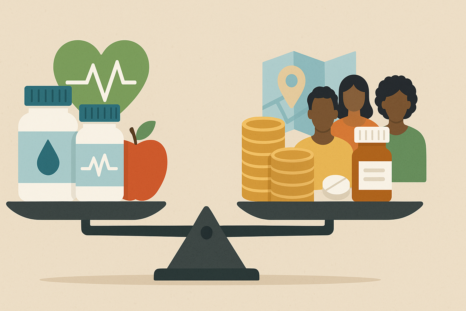 Balance scale comparing premium diabetic medication chart elements like branded pill bottles and health icons with affordability symbols like coins, generics, and diverse community access.