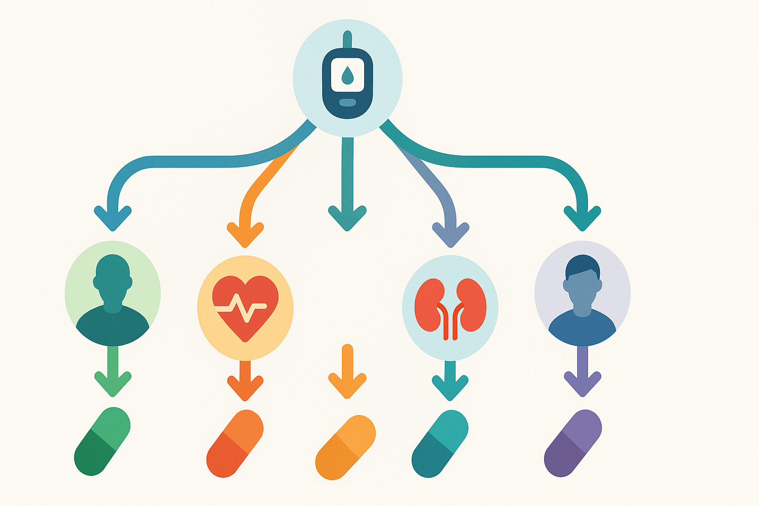Colorful diabetic medication chart flowchart with icons for A1C, heart, kidneys, age, and treatment pills