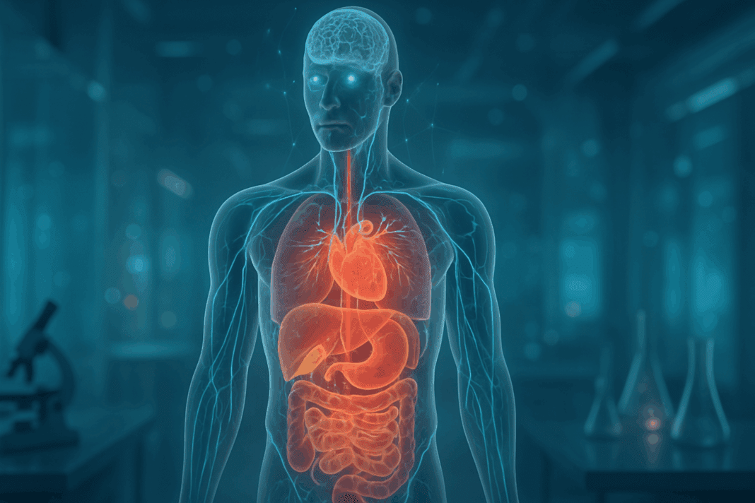 Futuristic anatomical illustration showing how diabetes affects organs and body systems with glowing neural pathways linking the brain, heart, pancreas, liver, kidneys, and intestines.