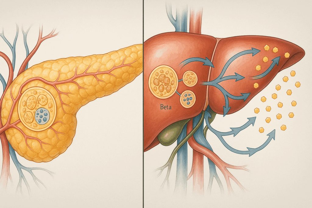 Anatomical illustration showing how diabetes affects organs and body systems, with detailed views of the pancreas highlighting beta cells and the liver processing glucose.