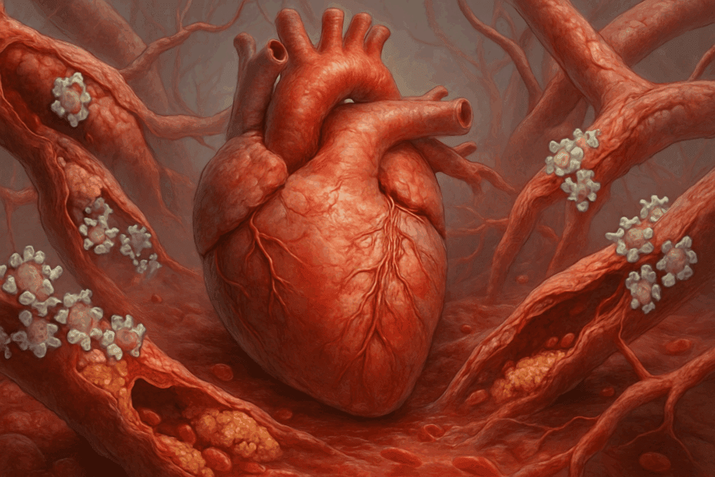 Medical illustration of a human heart surrounded by inflamed, plaque-filled arteries with glucose molecules attaching to vessel walls, visually representing how diabetes affects organs and body systems.