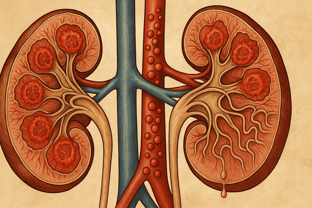 Anatomical illustration of kidneys showing inflamed glomeruli and nephron damage, visualizing how diabetes affects organs and body systems