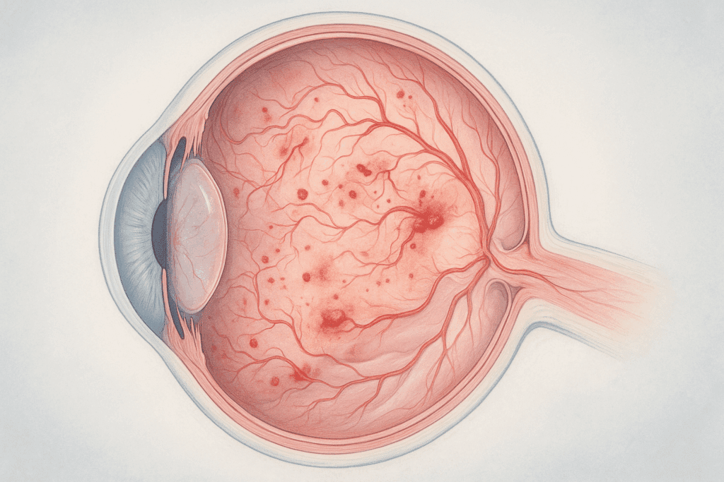 Medical illustration of the human eye showing diabetic retinopathy with leaking vessels and swelling, visualizing how diabetes affects organs and body systems