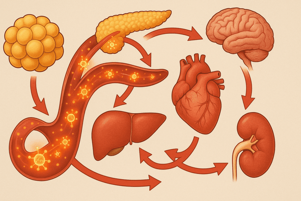 Conceptual medical infographic illustrating how diabetes affects organs and body systems through chronic inflammation, showing cytokines linking fat tissue to pancreas, liver, heart, kidneys, and brain.