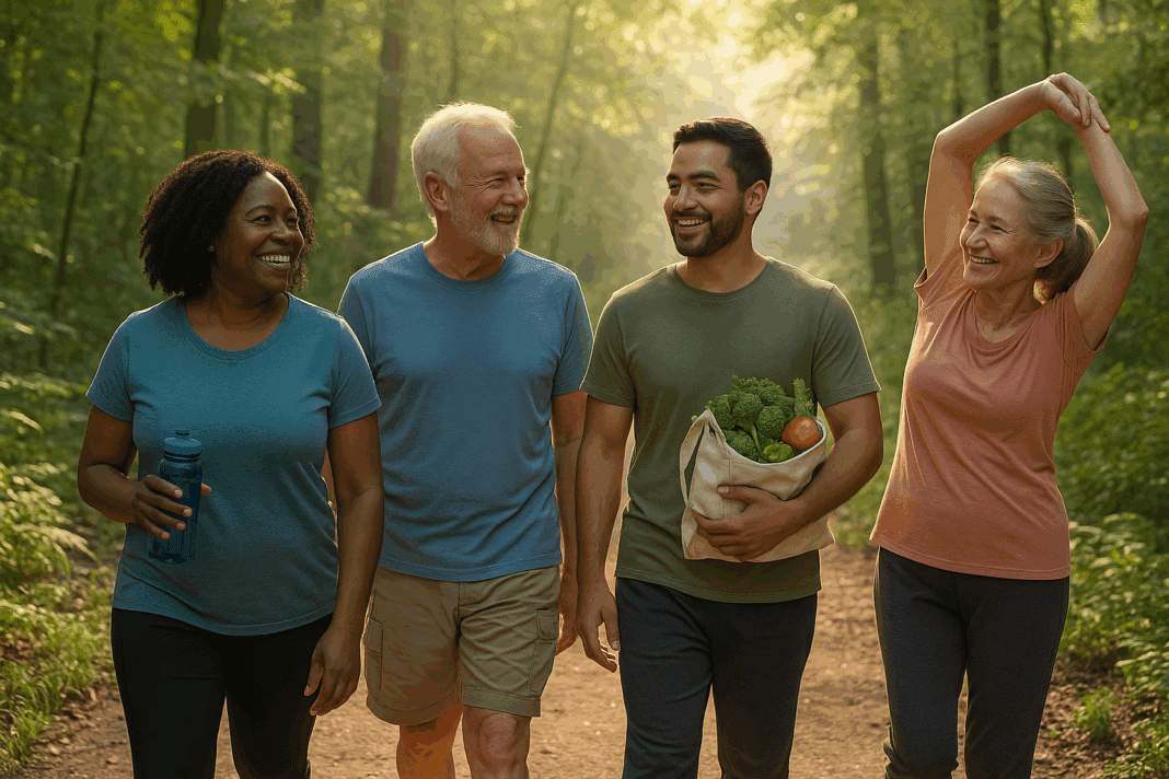 Diverse adults walking through a lush forest in morning light, smiling and engaging in healthy activities like stretching, hydrating, and carrying fresh produce—symbolizing managing diabetes without medicine.