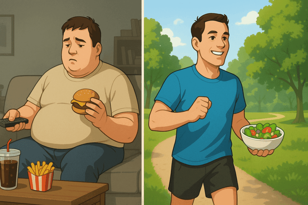 Split-screen showing a lifestyle change with an overweight man eating fast food and watching TV on the left, and the same man fit and jogging in a green park while holding a salad on the right, illustrating Managing Diabetes Without Medicine.