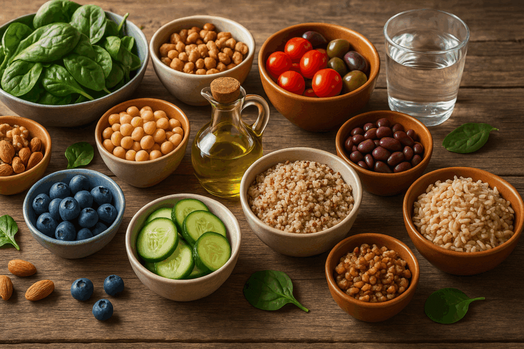Colorful spread of Mediterranean plant-based foods including quinoa, legumes, berries, leafy greens, nuts, and olive oil on a rustic table, promoting managing diabetes without medicine.