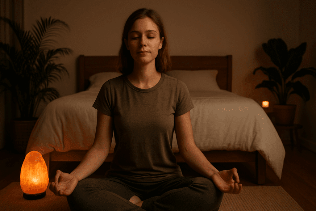 Woman meditating in a dimly lit bedroom with plants and a glowing salt lamp, symbolizing stress relief and better sleep as part of managing diabetes without medicine.