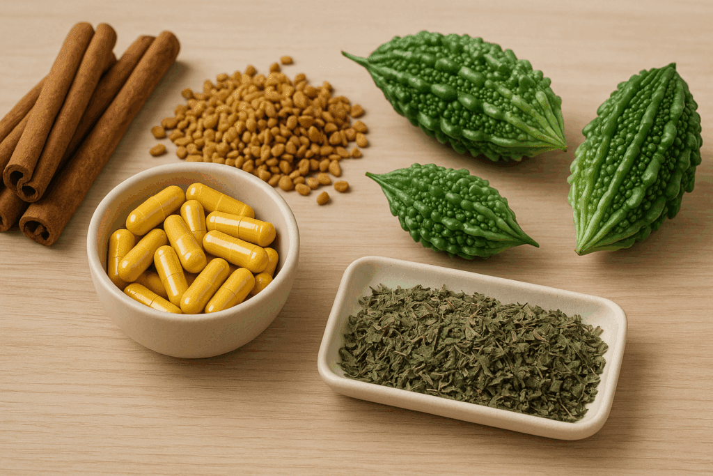 Natural supplements including cinnamon sticks, fenugreek seeds, berberine capsules, bitter melon, and dried herbs on a wooden table, illustrating strategies for managing diabetes without medicine.