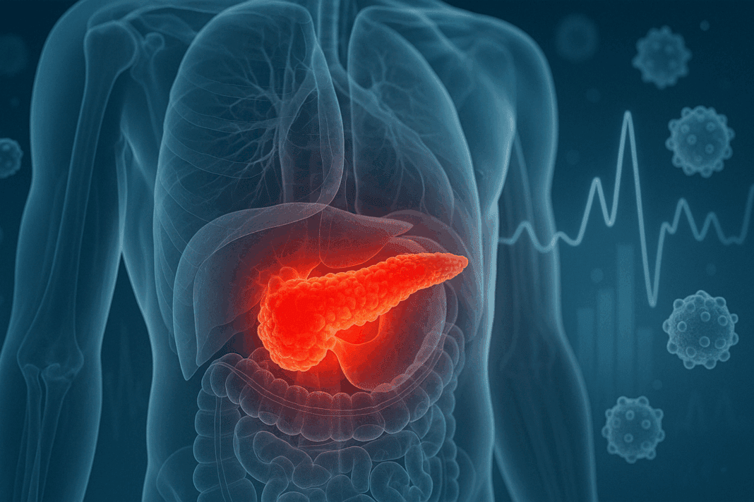 Inflamed pancreas glowing red inside semi-transparent human torso, with glucose molecules and sugar level graphs illustrating the link between pancreatitis and diabetes