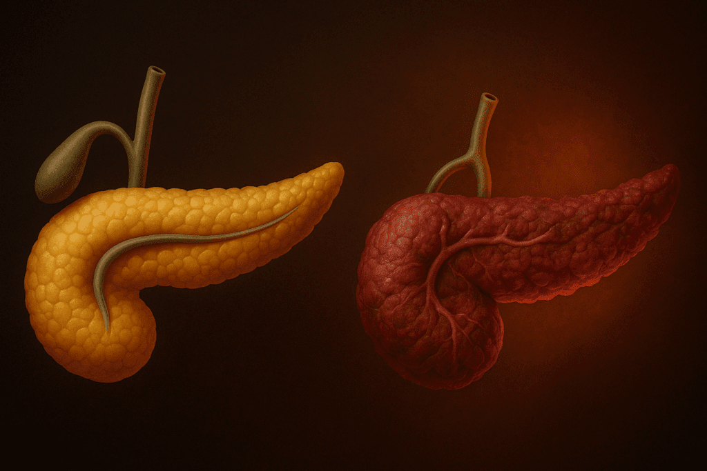Medical illustration comparing a healthy pancreas and an inflamed pancreas to show the connection between pancreatitis and diabetes