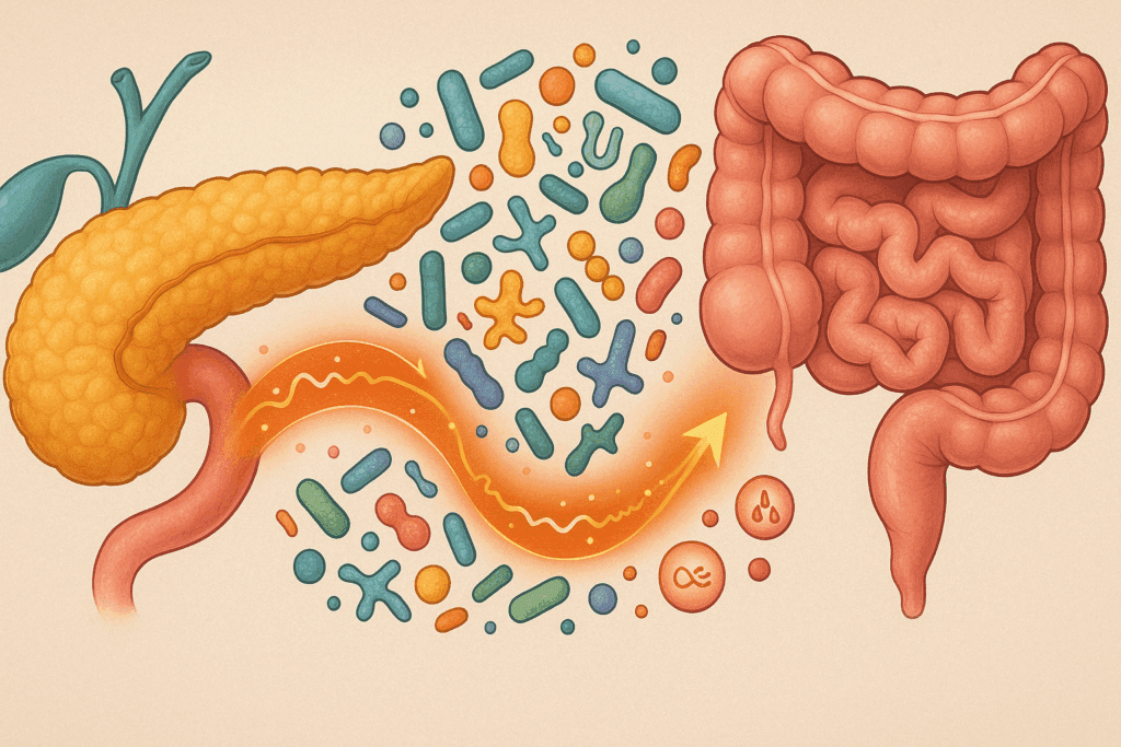 Scientific illustration showing the gut-pancreas axis with gut microbiota influencing metabolic signals between the digestive tract and pancreas, visualizing the connection between pancreatitis and diabetes.