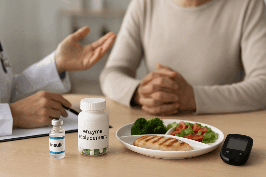 Personalized treatment setup for pancreatitis and diabetes showing insulin, enzyme pills, healthy meal, and glucose monitor during doctor visit.