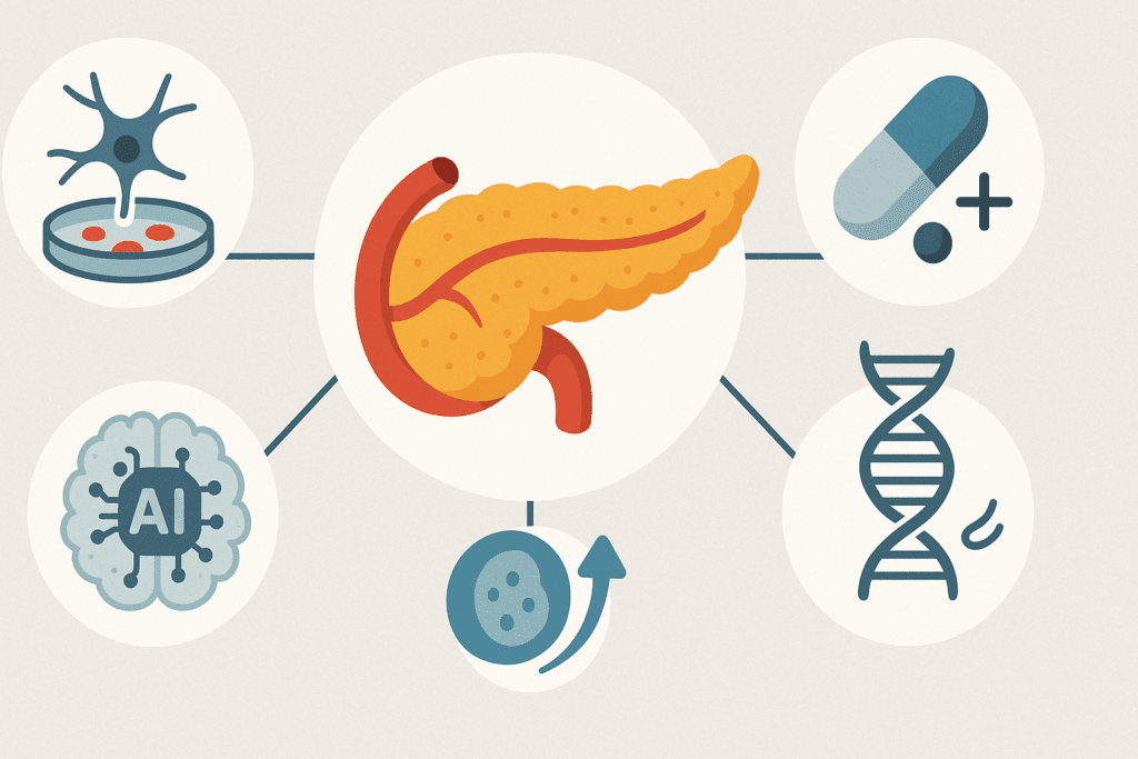 Infographic showing future innovations in managing pancreatitis and diabetes with visual icons for stem cell therapy, AI diagnostics, beta-cell regeneration, anti-inflammatory drugs, and genetic profiling surrounding a central pancreas illustration