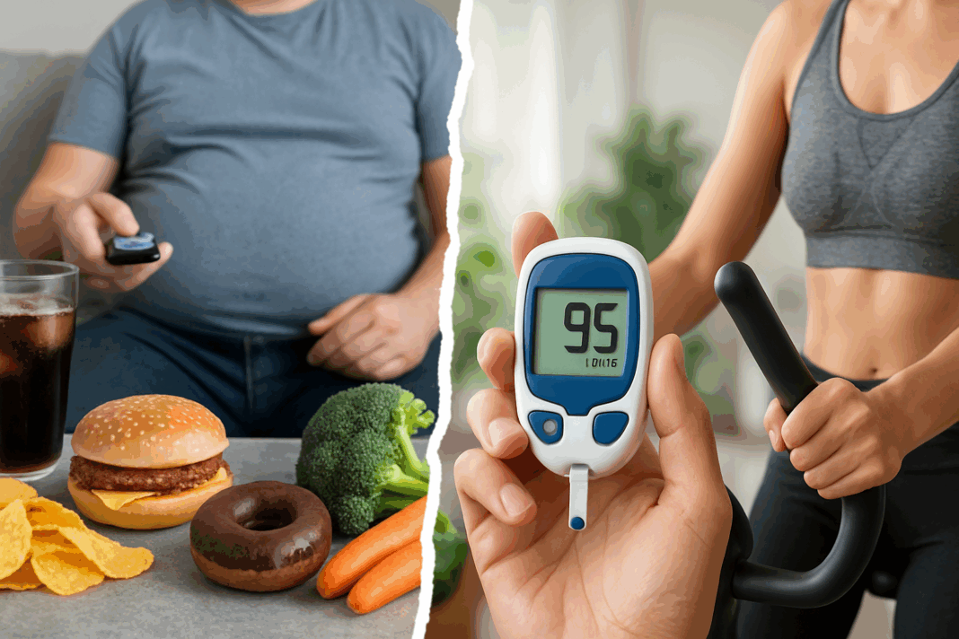 Split image symbolizing Reversing Type 2 Diabetes, with unhealthy food and sedentary lifestyle on one side and vegetables, exercise, and improved glucose levels on the other.