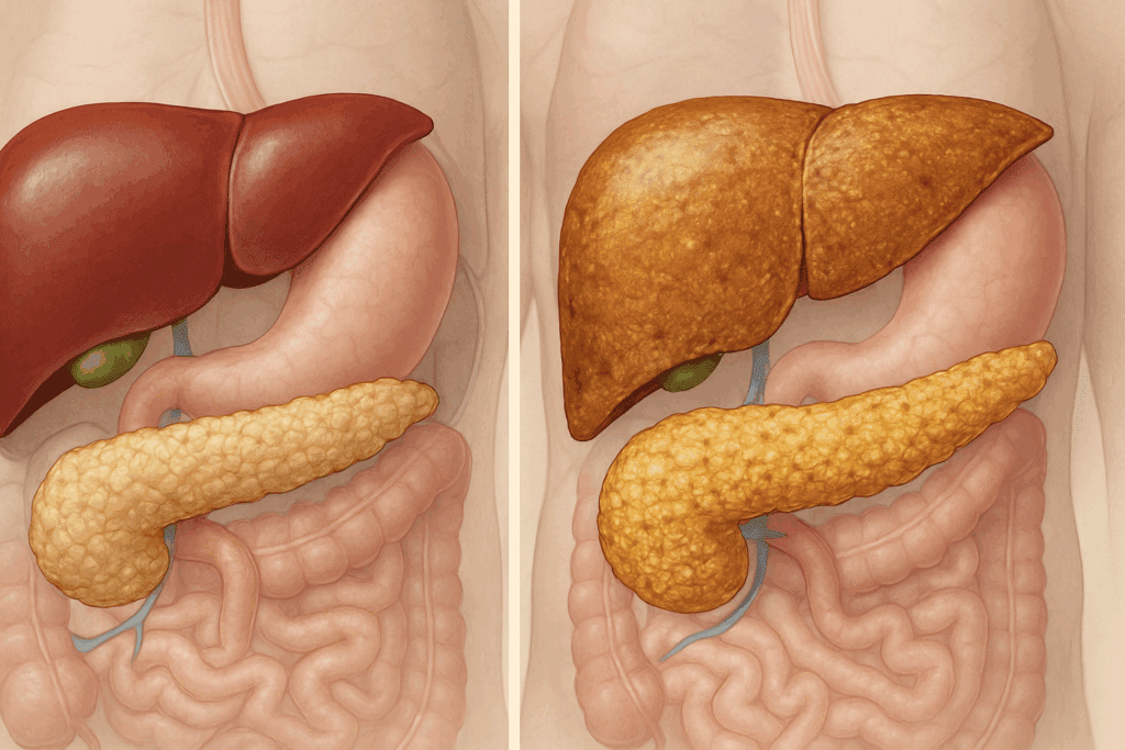 Side-by-side anatomical illustration of healthy versus fat-infiltrated pancreas and liver, showing how intra-organ fat contributes to insulin resistance in the context of reversing type 2 diabetes.