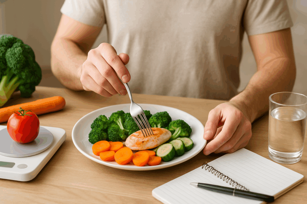 Person preparing a portion-controlled meal with lean chicken and vegetables using a food scale and journal, promoting healthy eating for reversing Type 2 Diabetes.