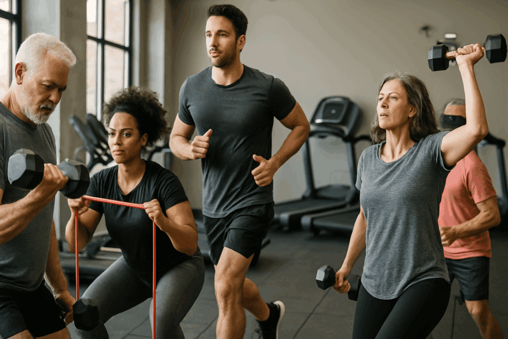 Diverse adults using treadmills, dumbbells, and resistance bands at a gym during a workout session focused on reversing Type 2 diabetes